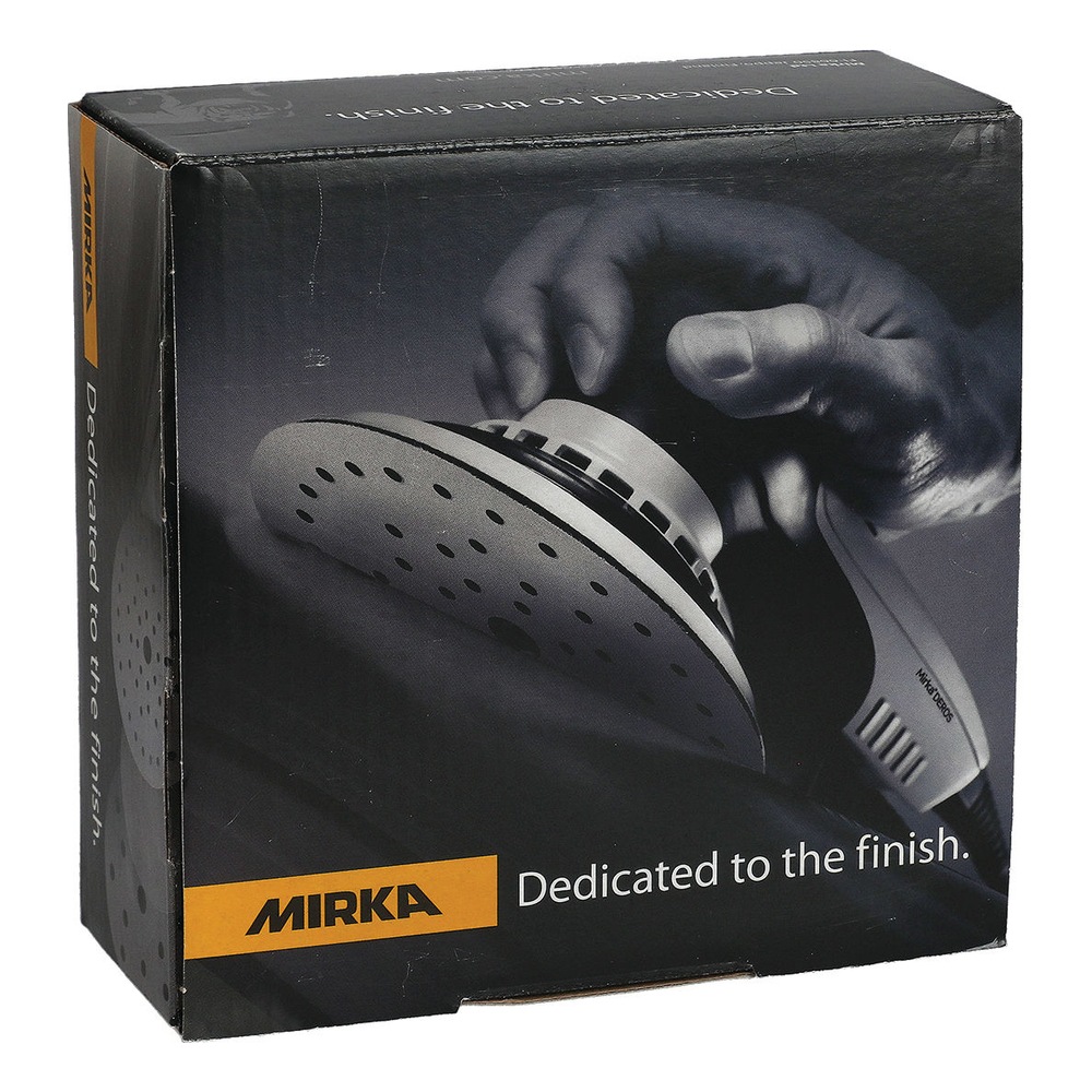 Black Mirka product box with an image of a hand holding a sander, shown next
