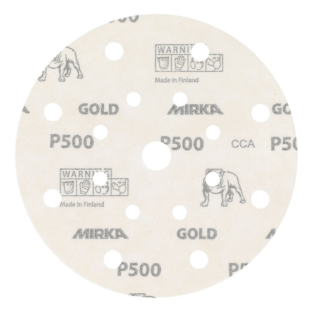 דיסקת ליטוש עגולה לבנה מחוררת עם סימוני P500 ו-GOLD, מבט קרוב מאוד - A white perforated round sanding disc with P500 and GOLD markings, very