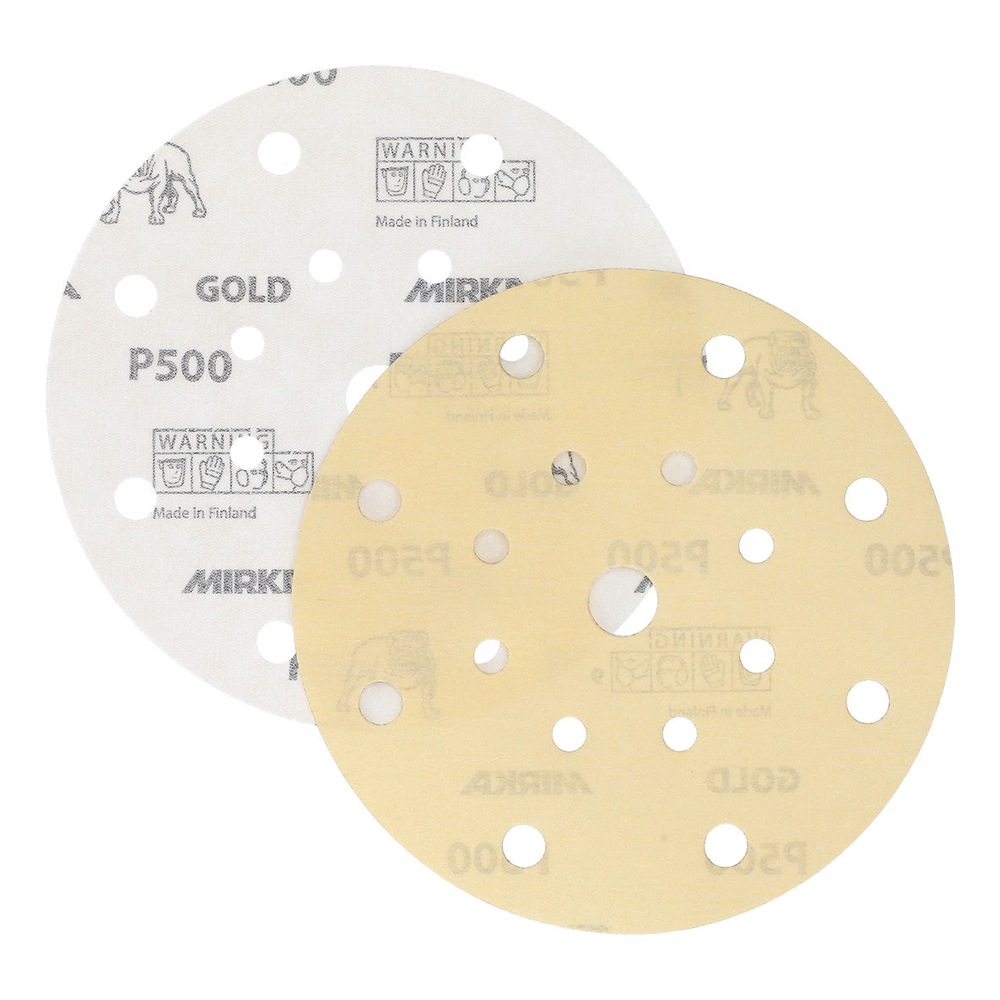 Two overlapping round sanding discs, one light and one yellowish, both