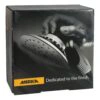 Black product box with a photo of a hand holding a round sander, front view
