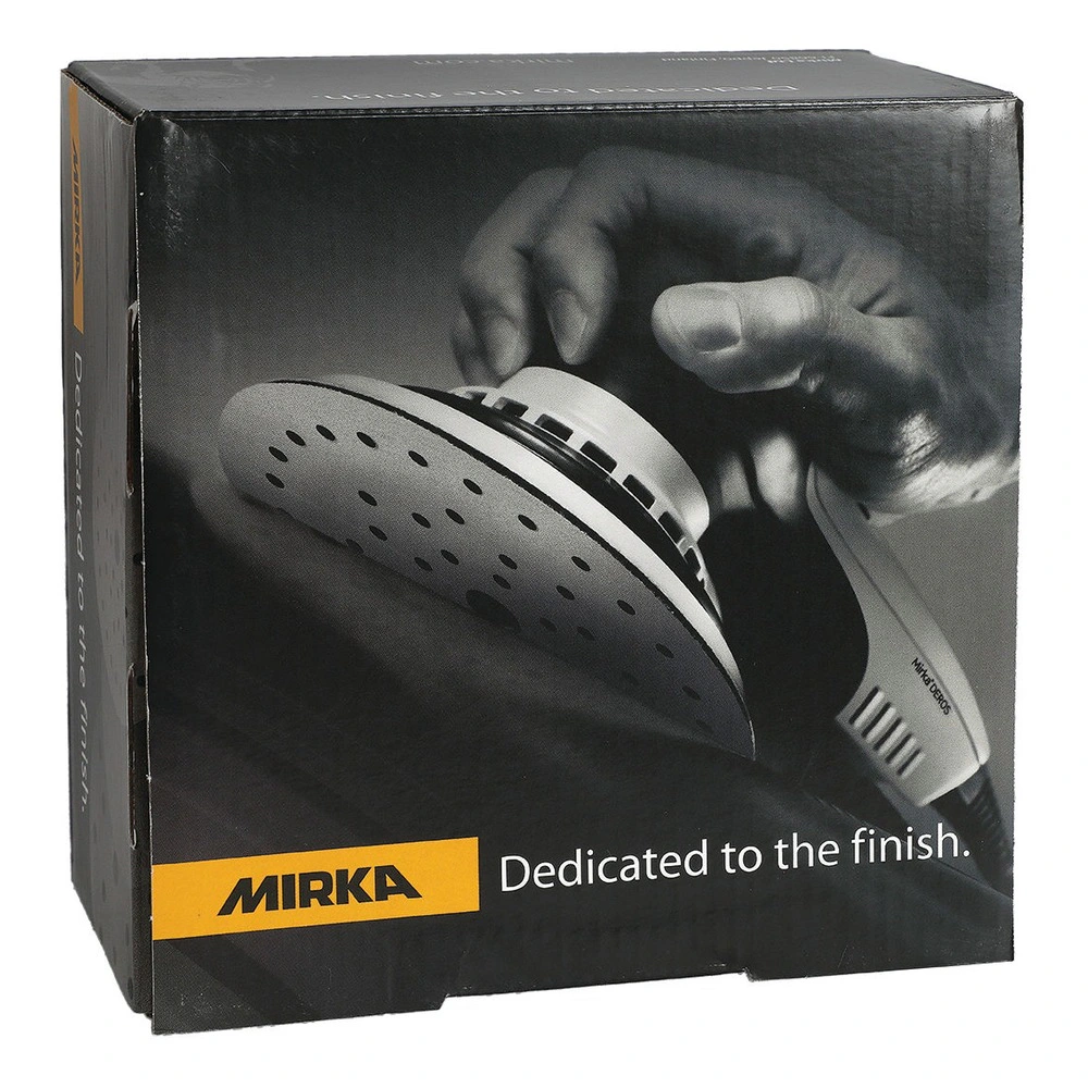Black product box with a photo of a hand holding a round sander, front view