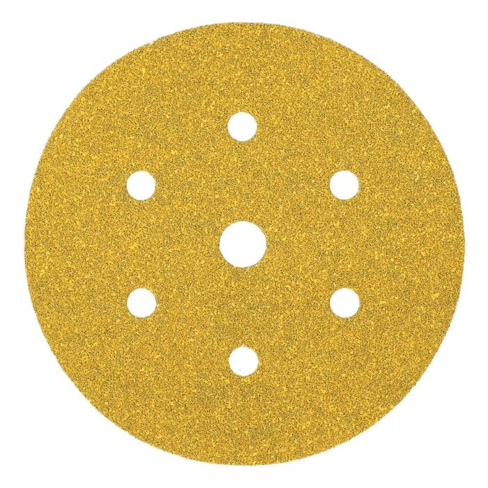 Round yellow sanding disc with 7 holes and an open center, isolated