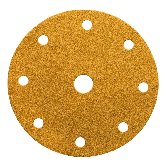 A round yellow sanding disc with seven holes around a center hole