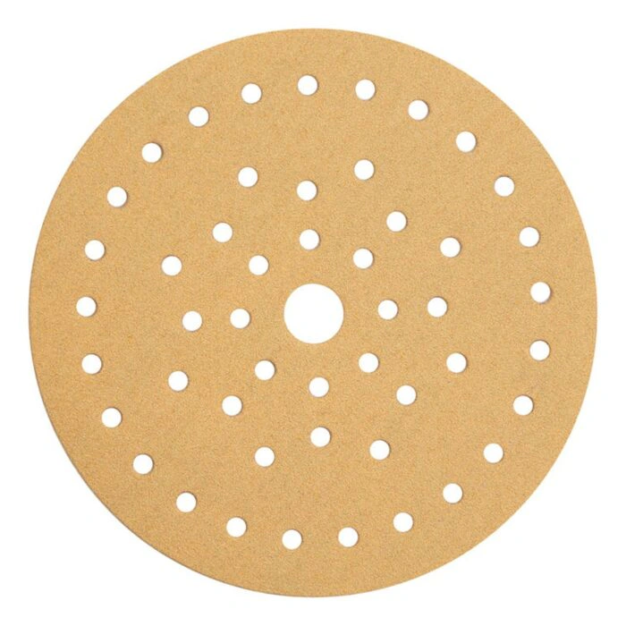 A round yellow sanding disc with a dense pattern of many holes