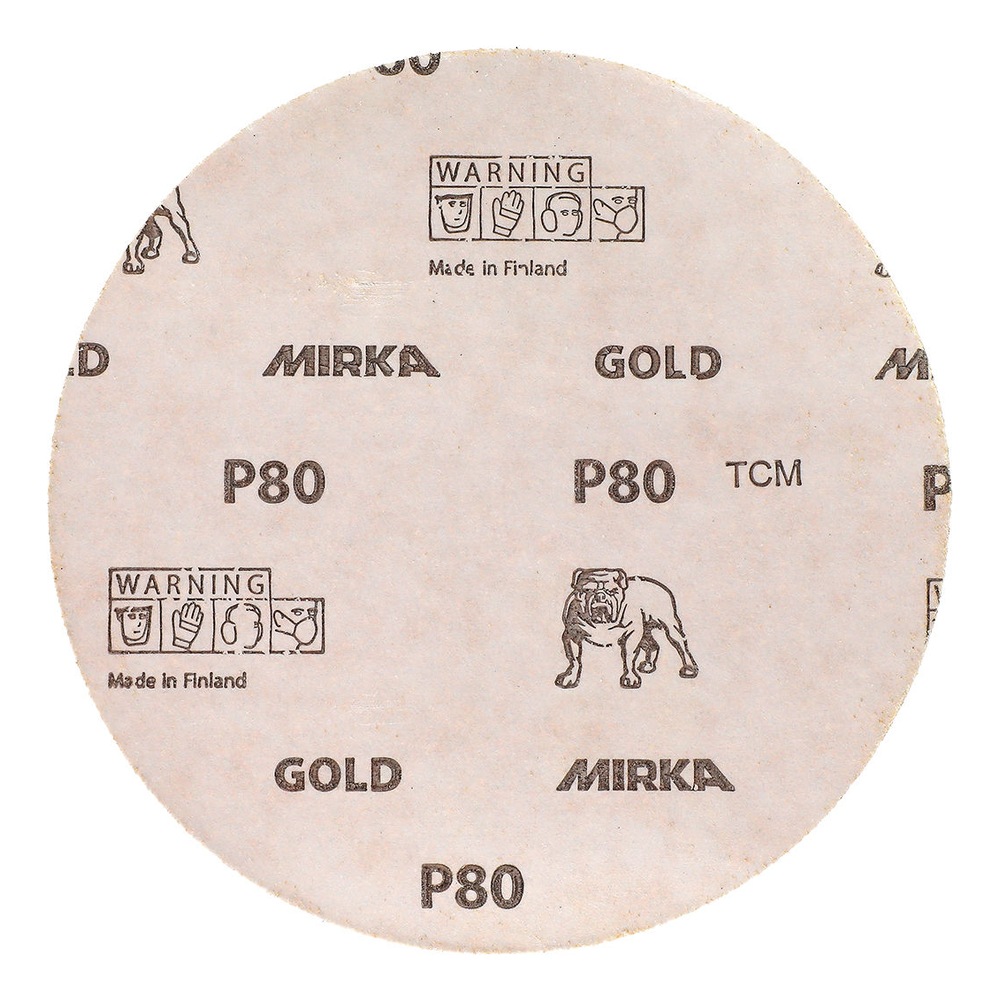 דיסק ליטוש עגול בצבע בהיר עם הדפסים של MIRKA GOLD ו-P80, מבט חזיתי