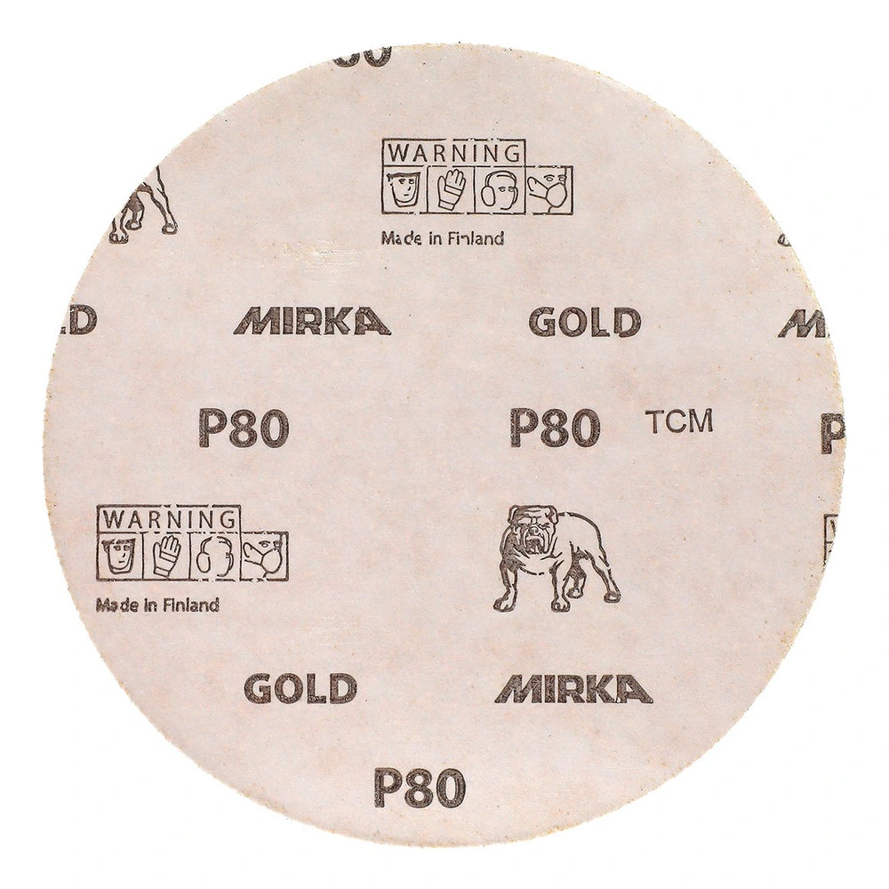דיסק ליטוש עגול בצבע בהיר עם הדפסים של MIRKA GOLD ו-P80, מבט חזיתי