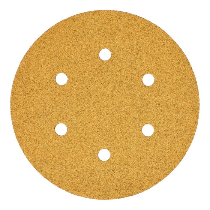 Round gold abrasive disc with six round holes, front view on a white
