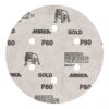 דיסק ליטוש עגול בהיר עם כמה חורי יניקה והדפס MIRKA GOLD P80, מבט חזיתי