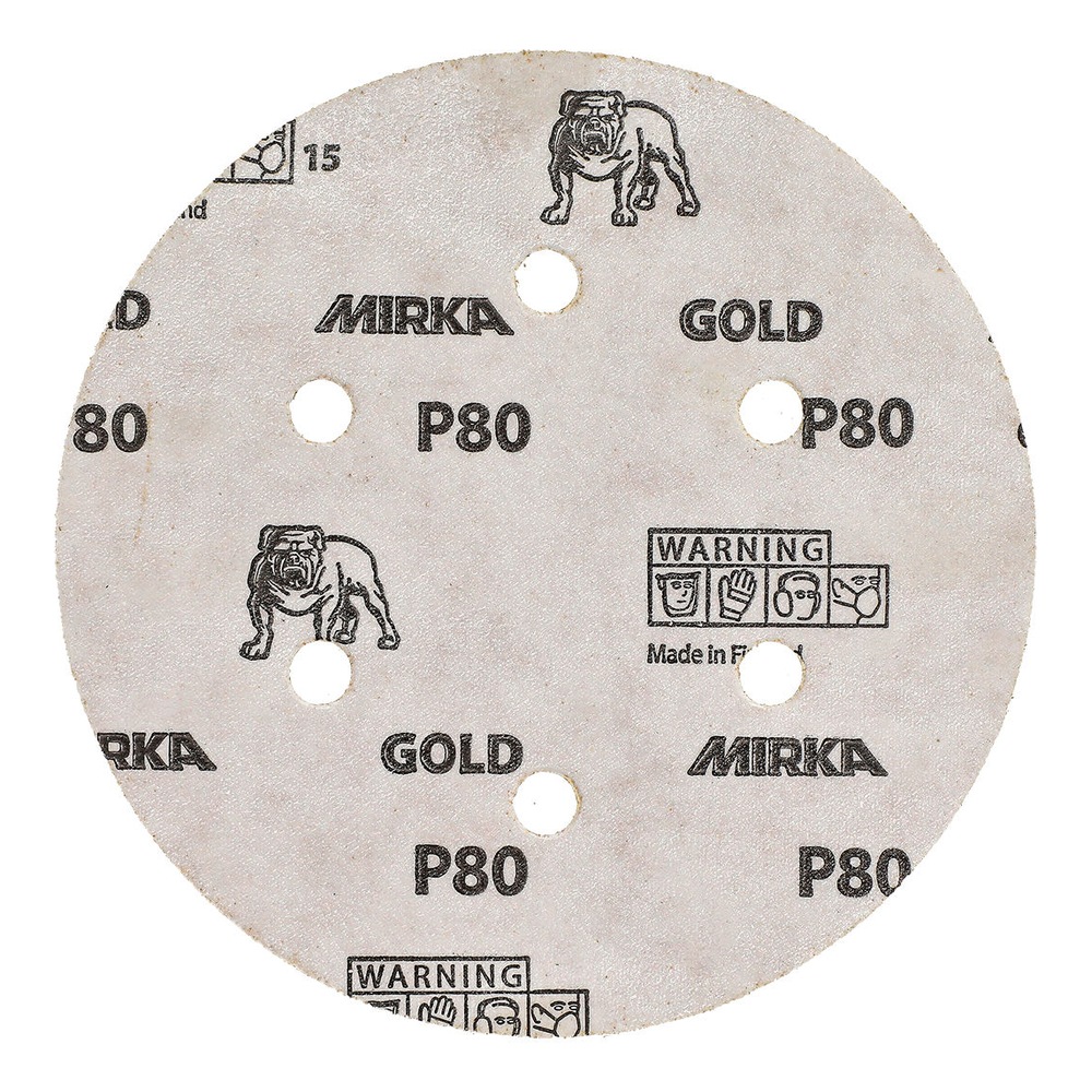 דיסק ליטוש עגול בהיר עם כמה חורי יניקה והדפס MIRKA GOLD P80, מבט חזיתי
