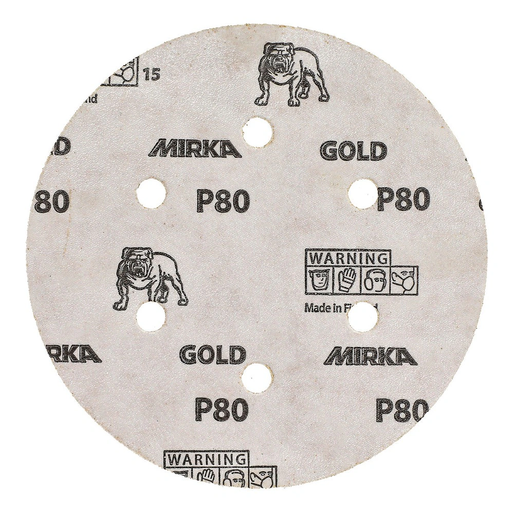 דיסק ליטוש עגול בהיר עם כמה חורי יניקה והדפס MIRKA GOLD P80, מבט חזיתי