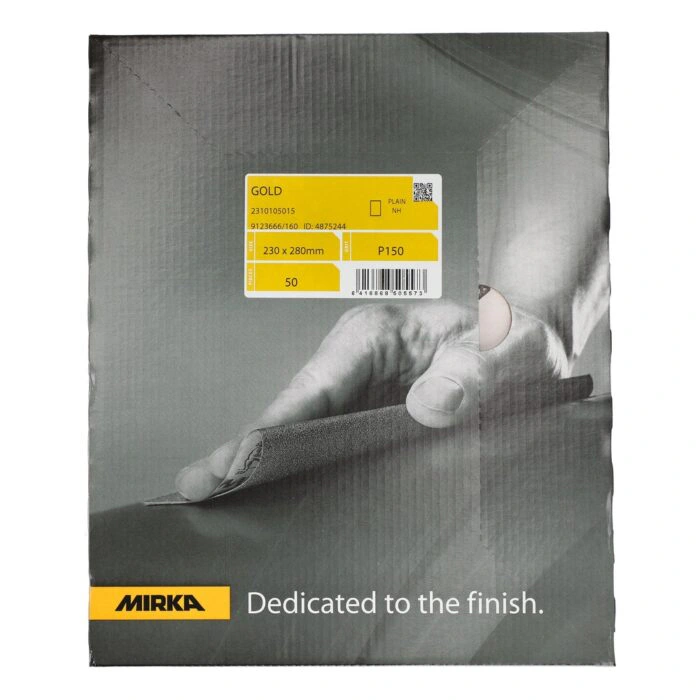 Front of a flat product package with a yellow label, a photo of a hand