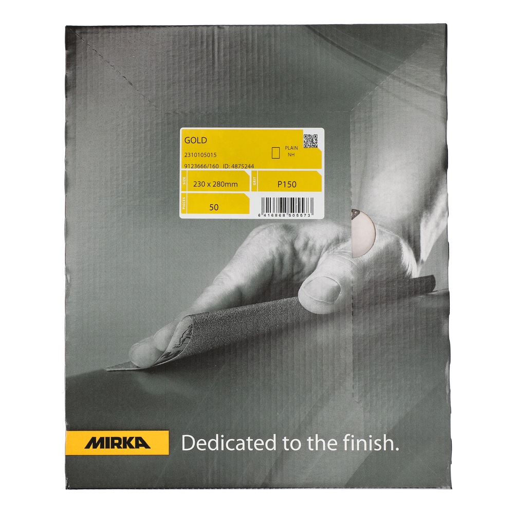 Front of a flat product package with a yellow label, a photo of a hand