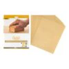 Open sanding paper package with several gold-colored sheets, and a photo