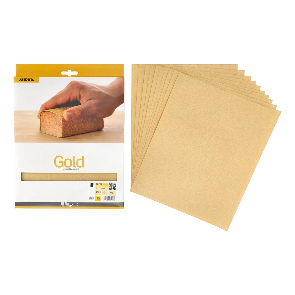 Open sanding paper package with several gold-colored sheets, and a photo