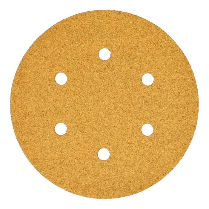 Yellow round sanding disc, six holes