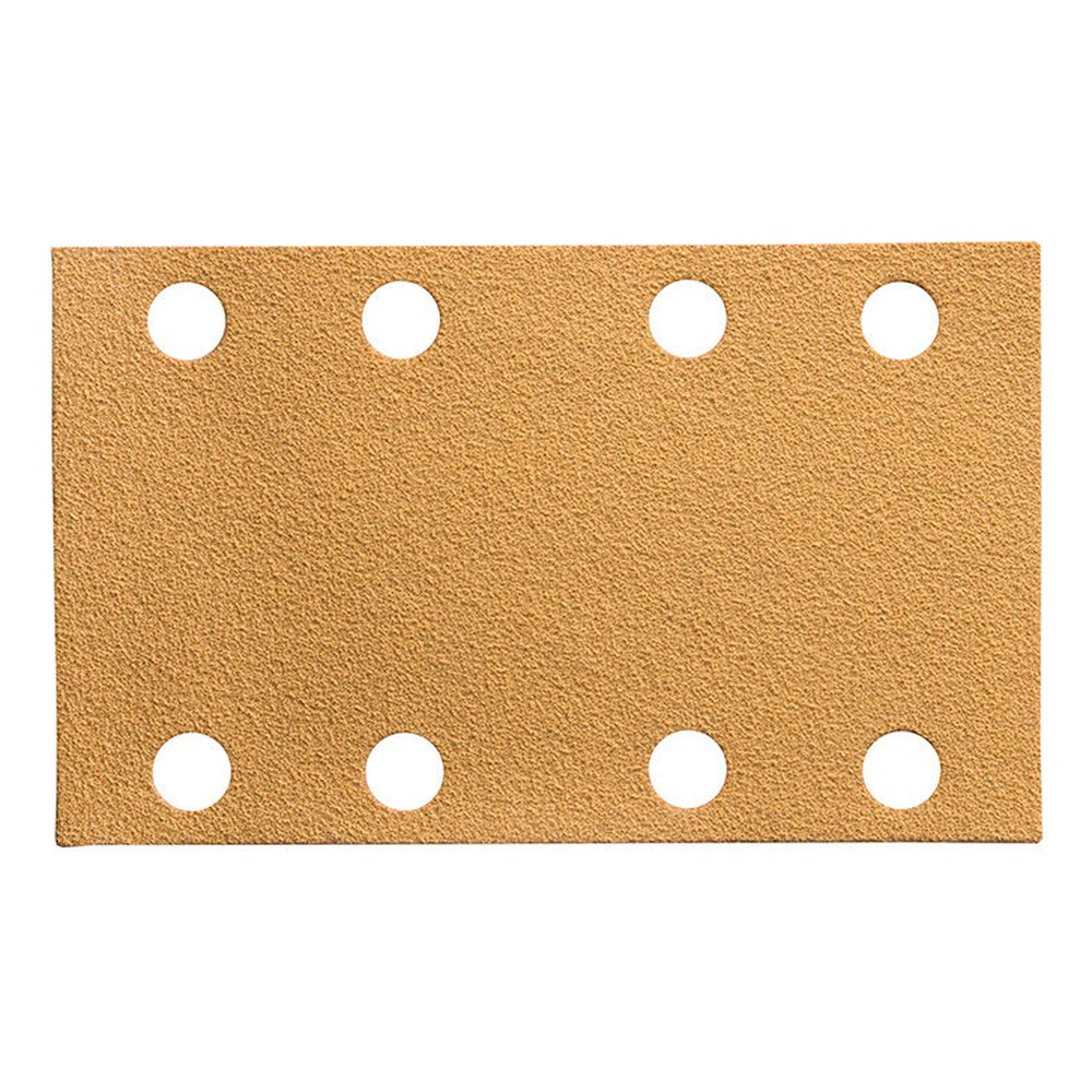 A rectangular tan sanding sheet with eight round holes, lying flat