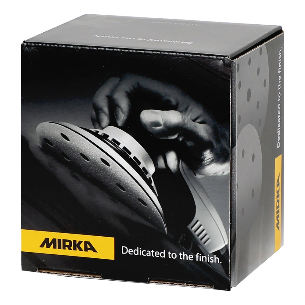 A black Mirka cardboard box with a photo of a hand holding a round sander