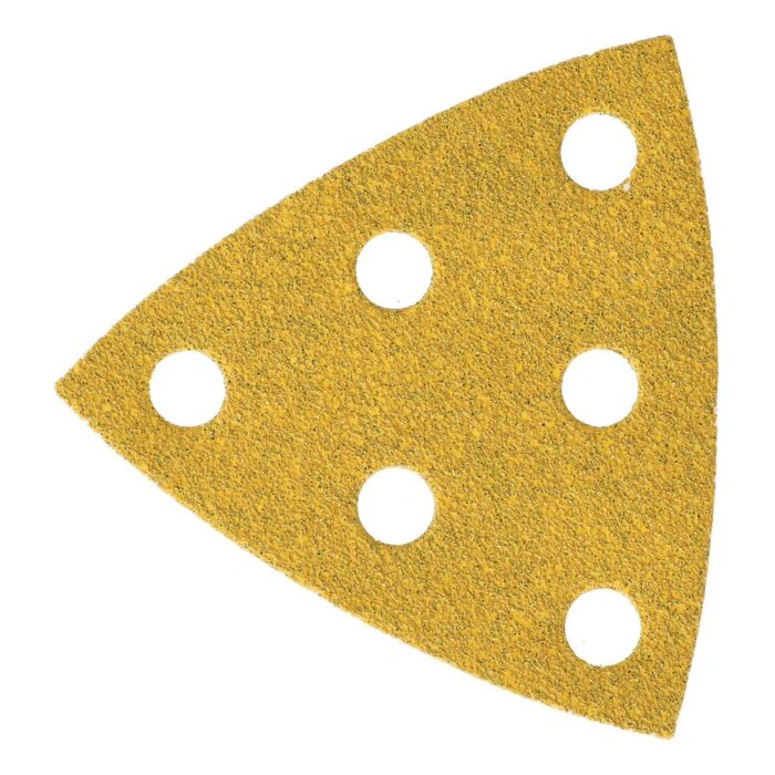 A yellow triangular sanding sheet with six round holes, on a white