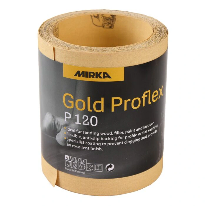 A yellow sanding paper roll with a black Mirka Gold Proflex label, shown as