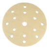 A light-colored round sanding disc with multiple holes, shown front-on