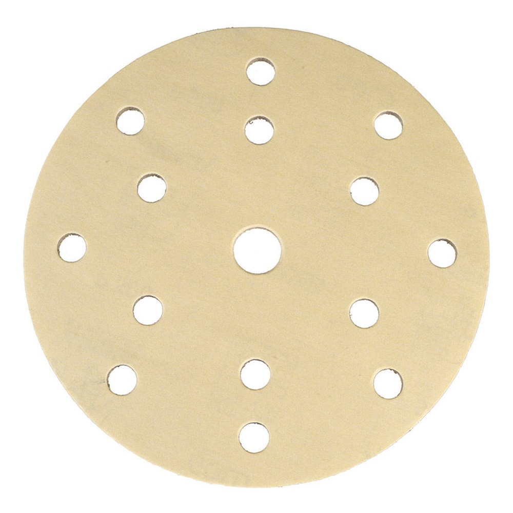 A light-colored round sanding disc with multiple holes, shown front-on