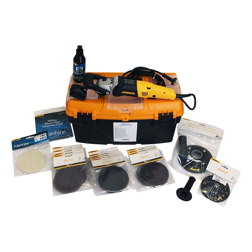 Glass polishing set with a yellow-and-black polisher, bottle, case