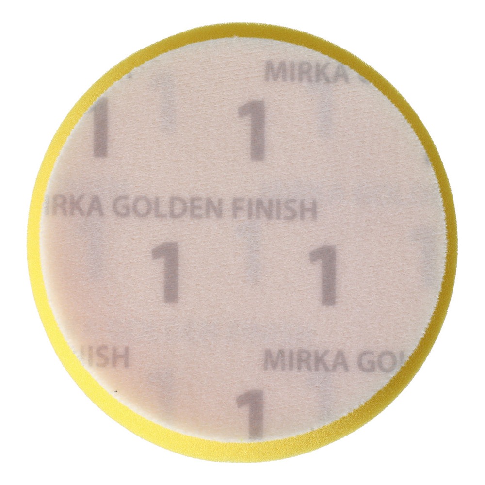 Round polishing pad in translucent white with a yellow edge, shown as