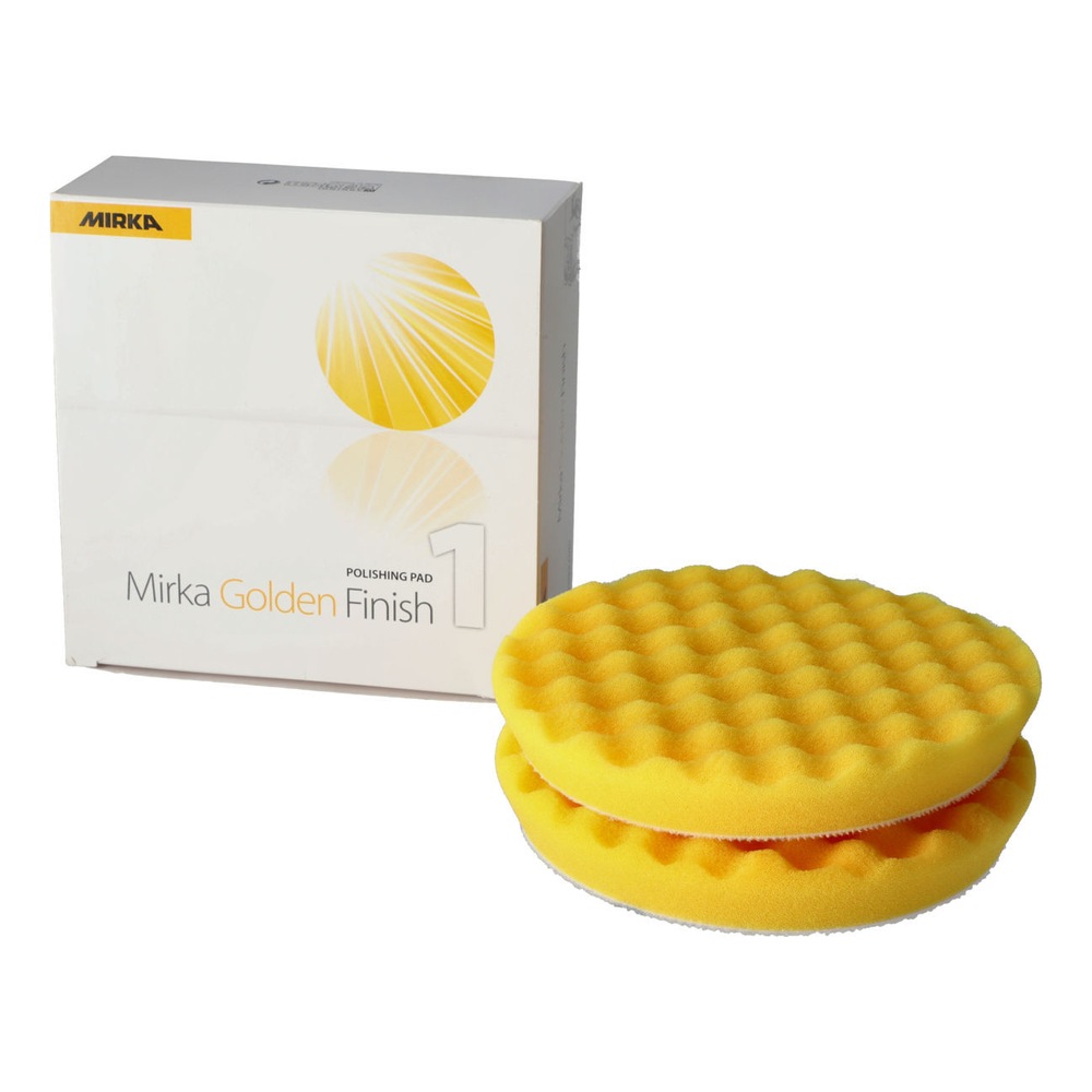 A white product box with the Mirka logo and two yellow round textured pads