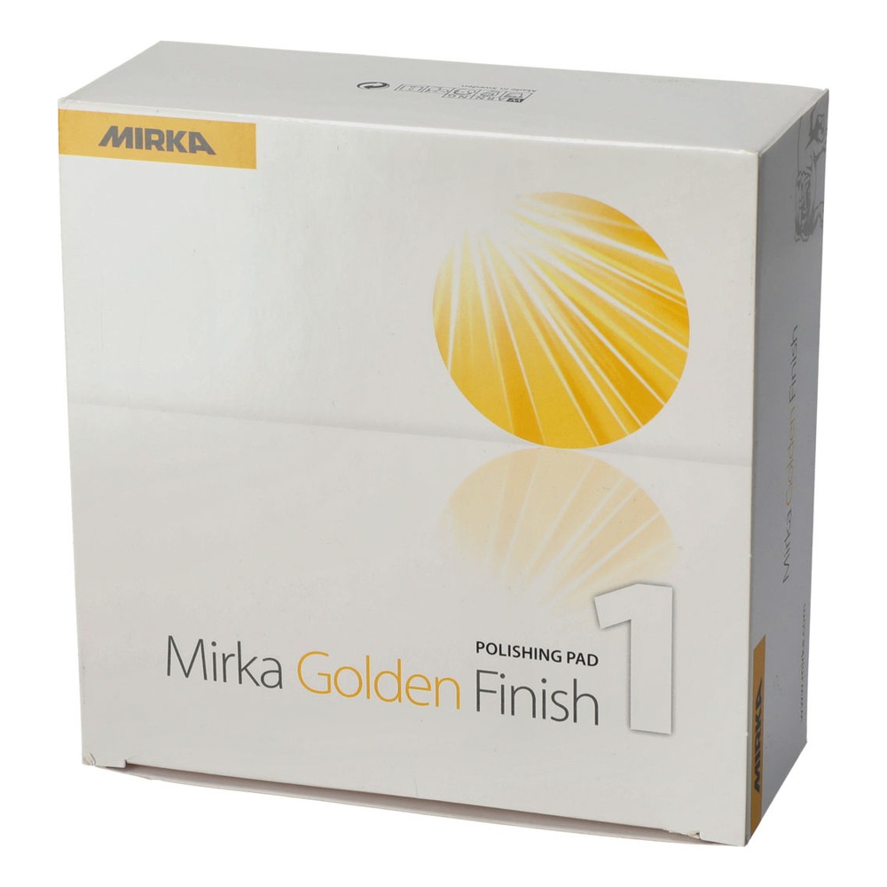 White product box for a polishing pad, with a yellow logo and a yellow