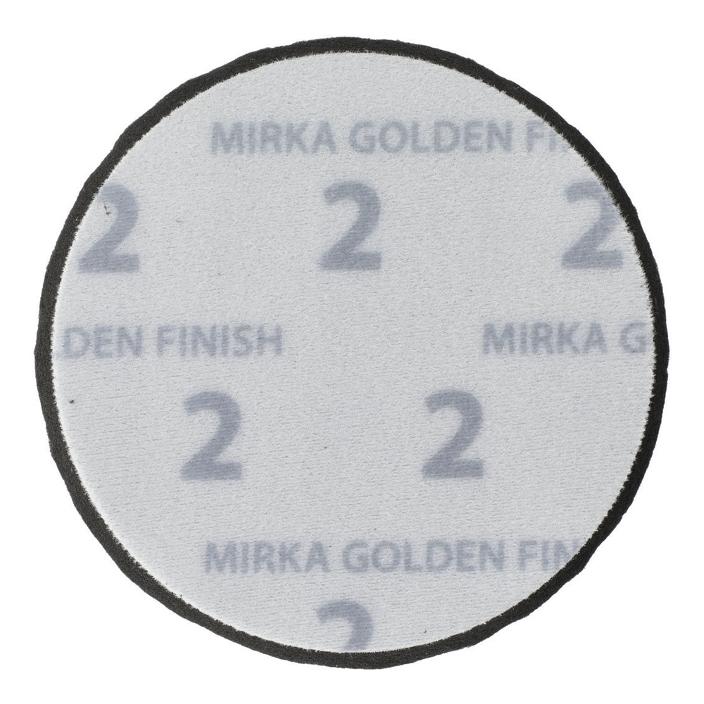 White round pad with gray text and black edge