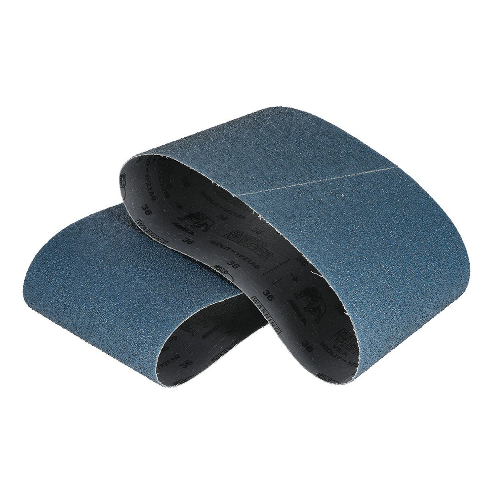 Two blue sanding belts shown curled side by side, with a dark inner side