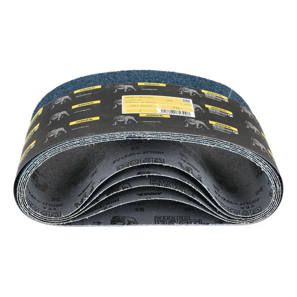 A stack of blue sanding belts folded into loops, with a black and yellow