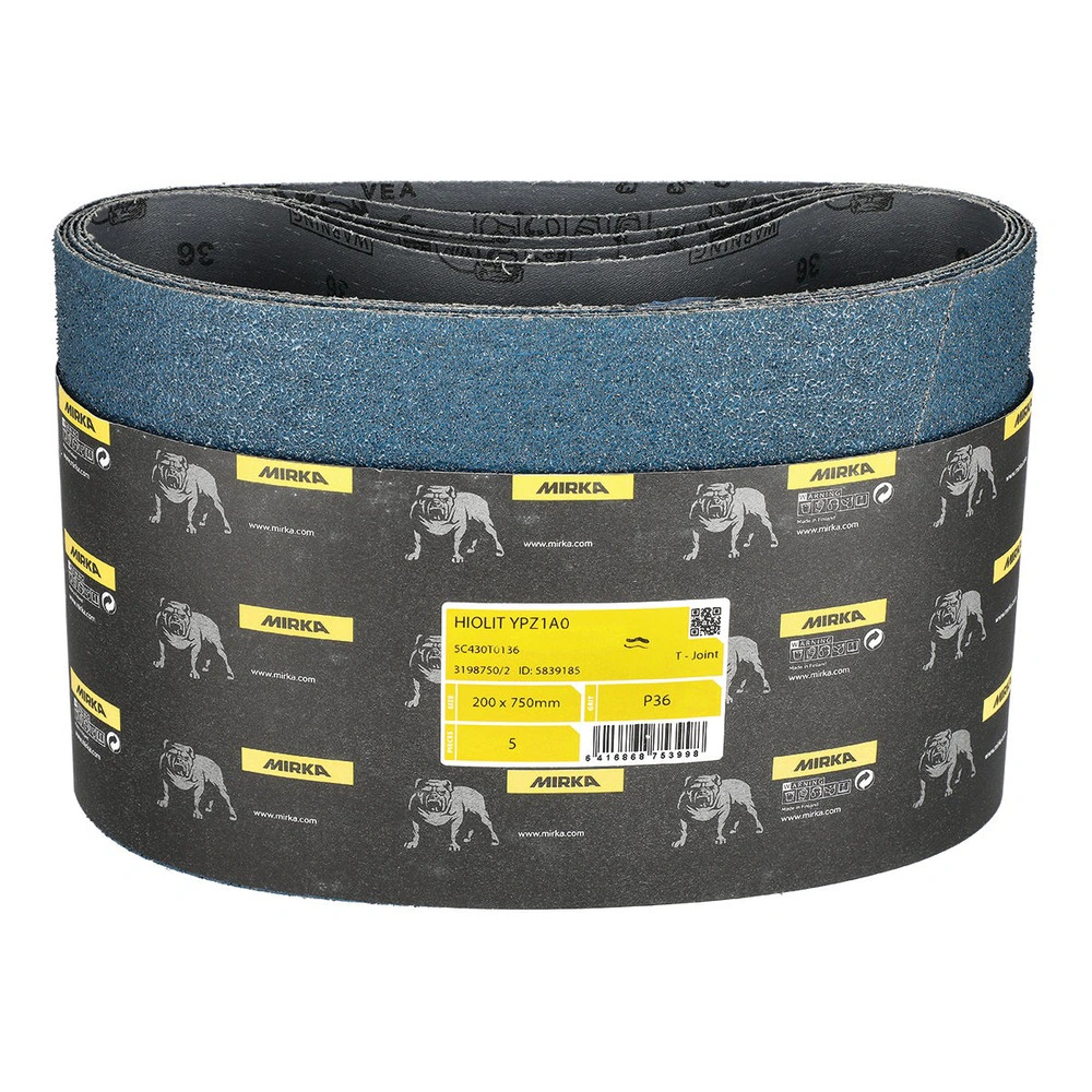 A blue sanding belt stacked in a cylindrical coil, with a black outer wrap