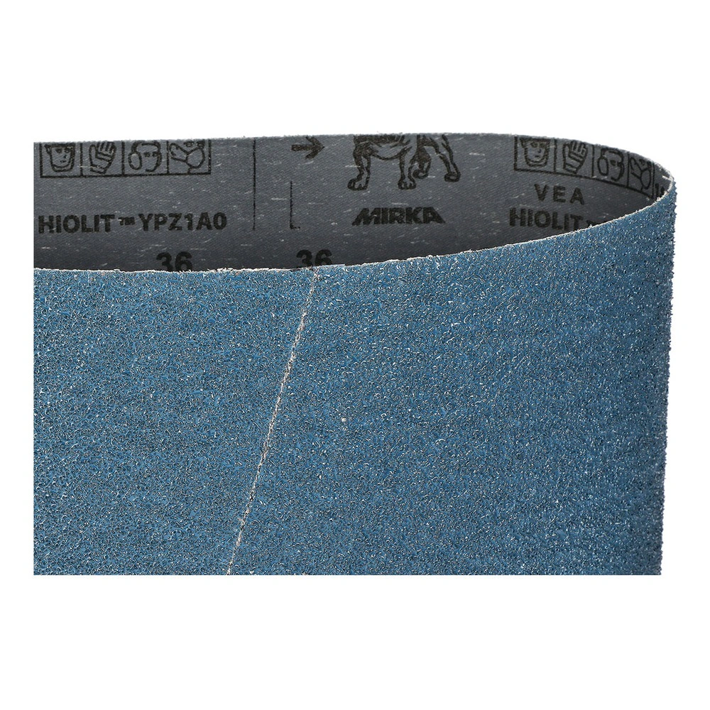 Close-up of a blue sanding belt with a printed black inner backing