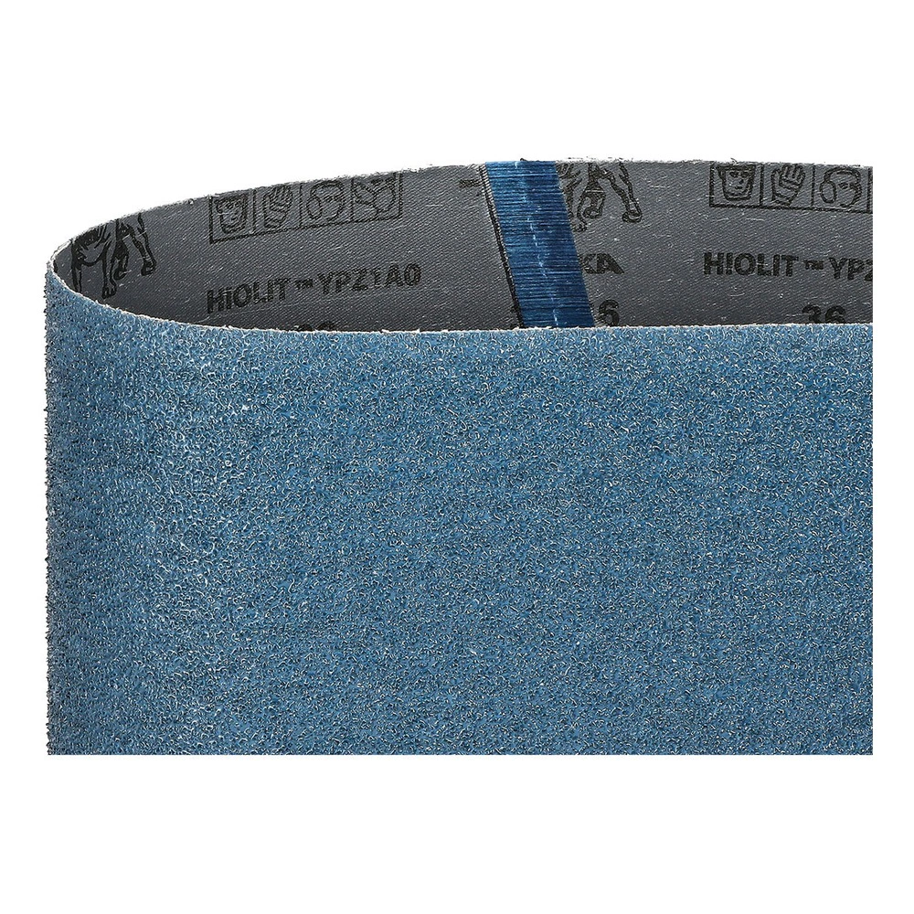 Close-up of a blue sanding belt, with a gray inner side and a visible blue