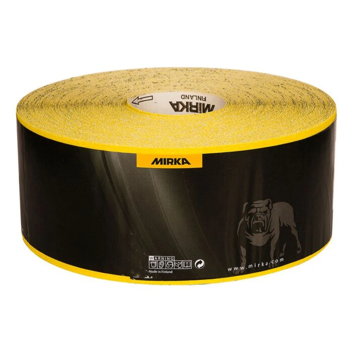 Yellow sanding roll with black Mirka packaging, shown in a side view