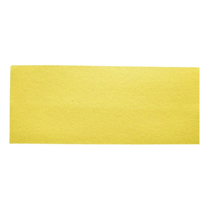 A rectangular yellow sanding sheet on a white background, shown flat