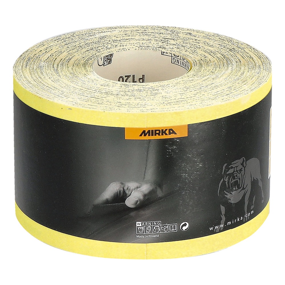 A yellow cylindrical sanding paper roll with a black Mirka Hiomant label