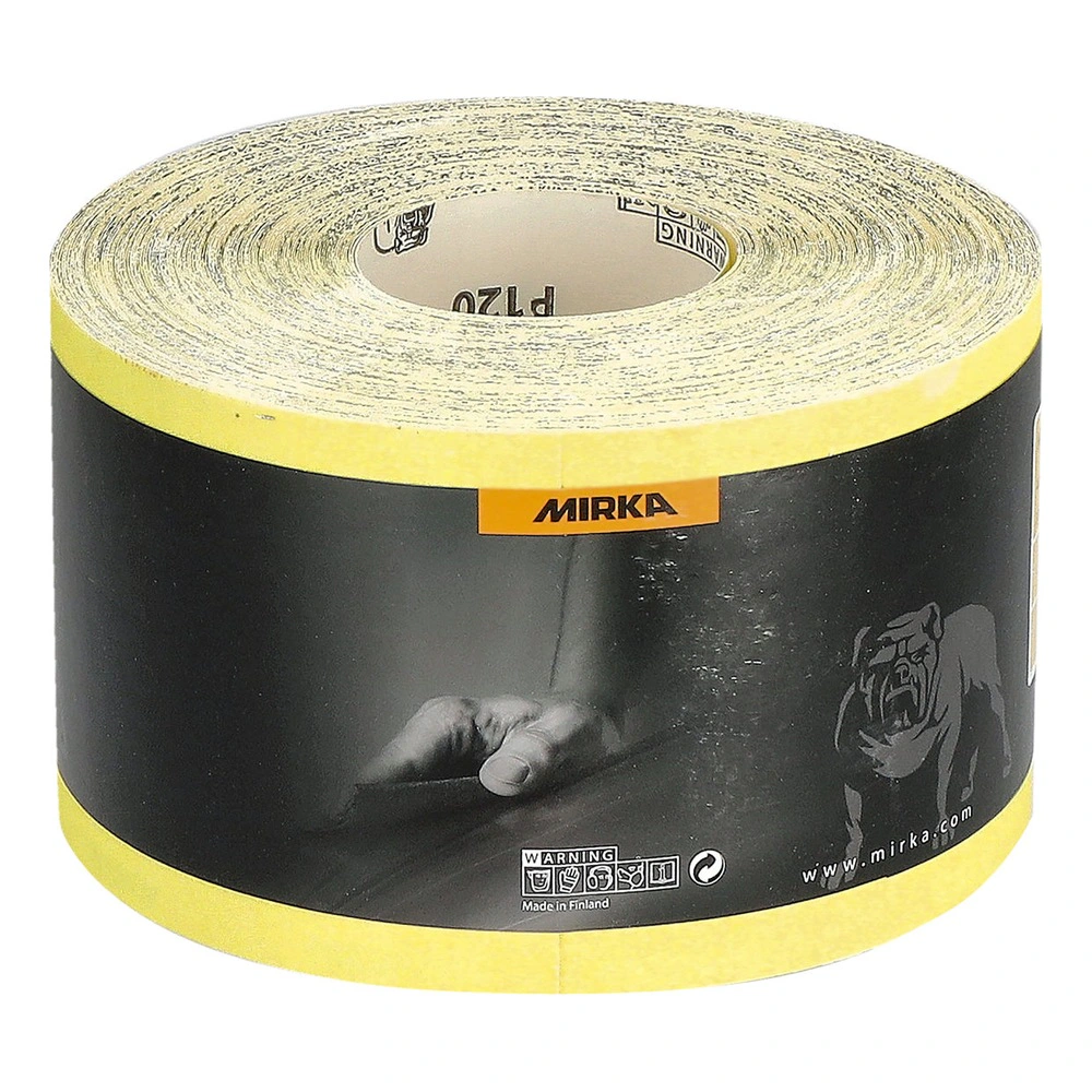 A yellow cylindrical sanding paper roll with a black Mirka Hiomant label
