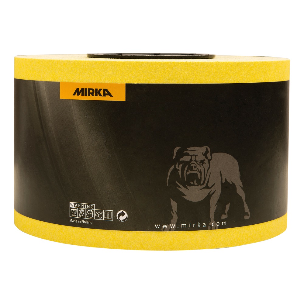 Yellow sanding roll with a black label and Mirka logo, shown in a partial