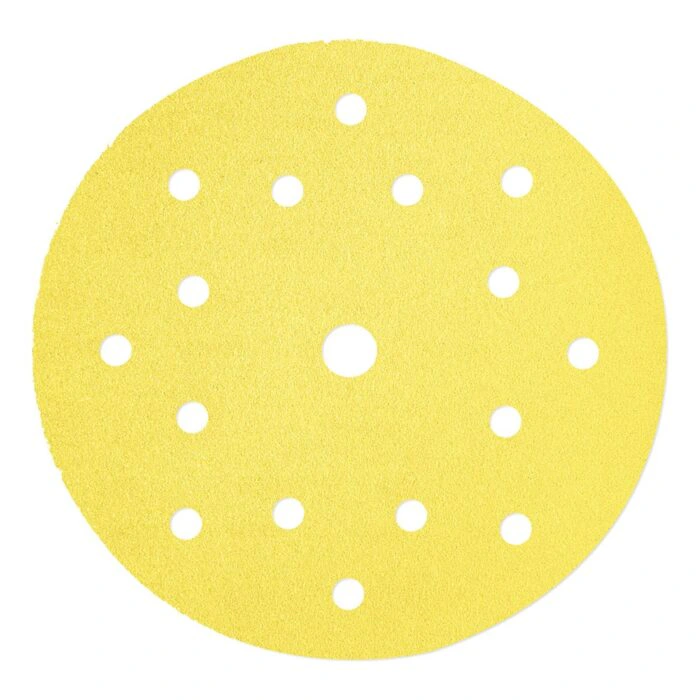 Yellow round sanding disc with a center hole and 17 small dust-extraction