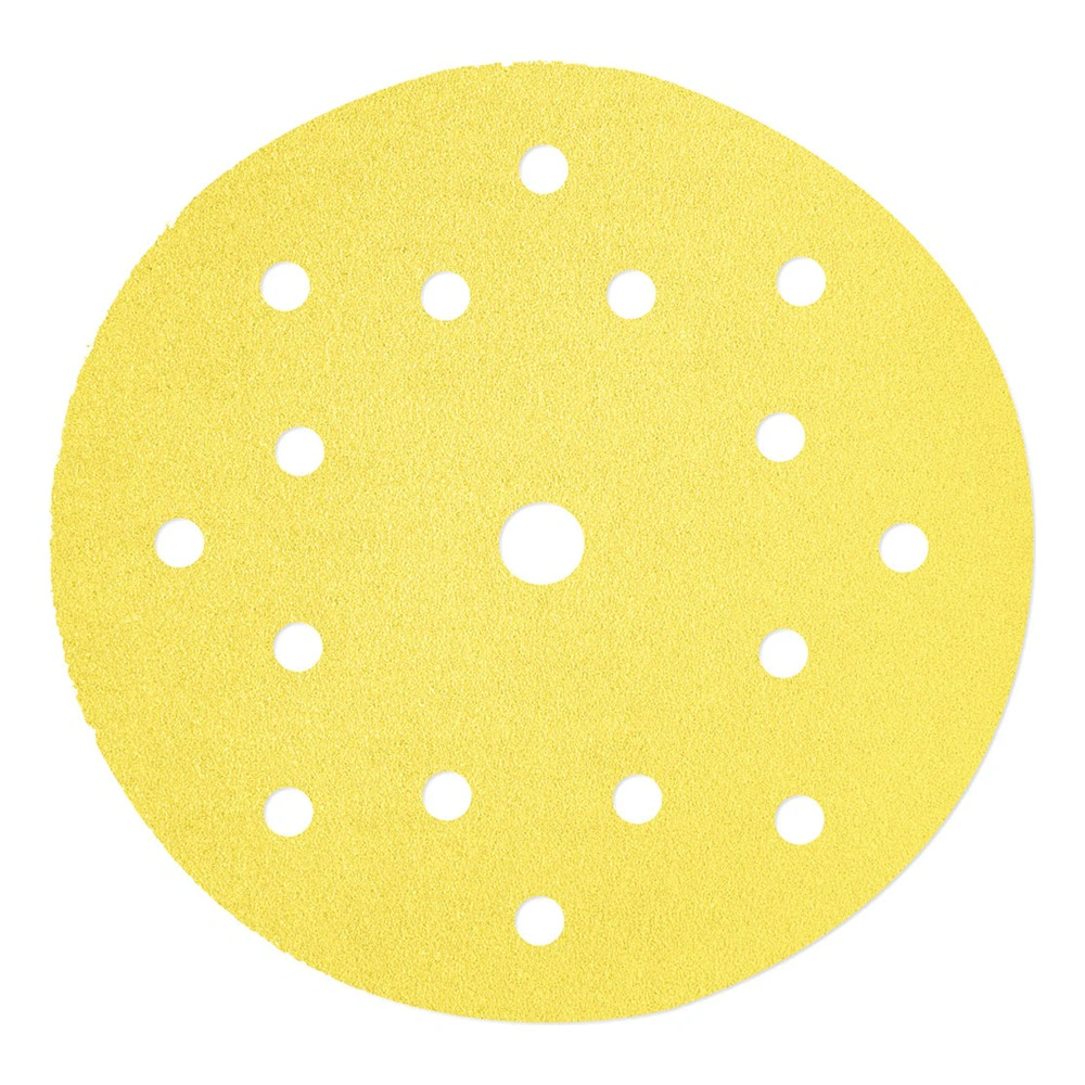 Yellow round sanding disc with a center hole and 17 small dust-extraction