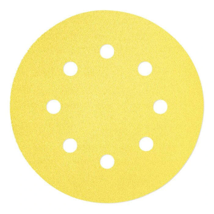Yellow round sanding disc with a center hole and 8 small dust-extraction