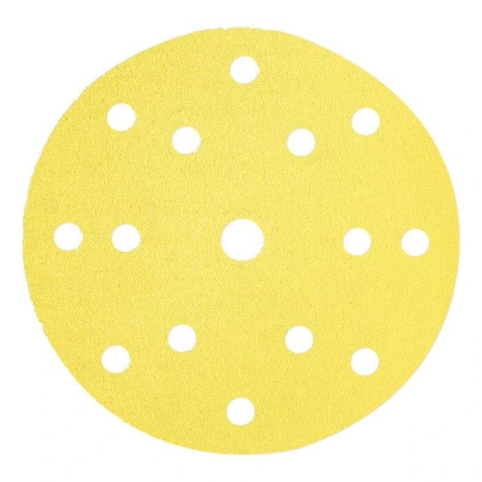 Yellow perforated sanding disc, front view