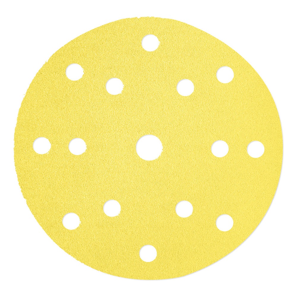 Yellow perforated sanding disc, front view