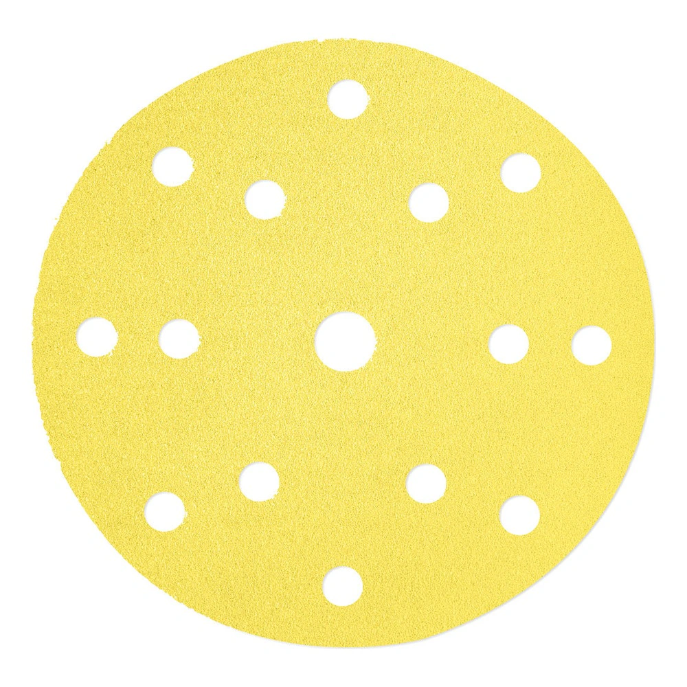Yellow perforated sanding disc, front view
