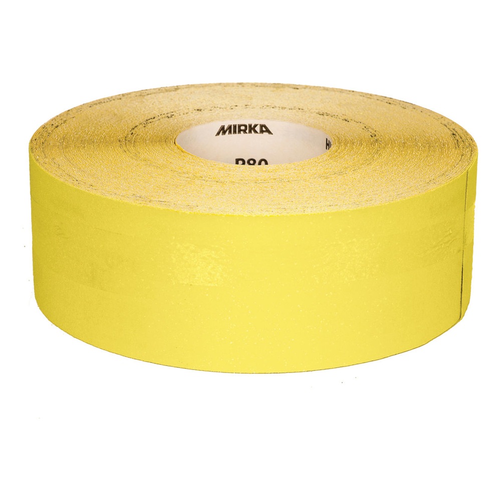 A yellow sanding roll shown from above at an angle, with Mirka text visible