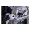Gloved hands sanding a gray car frame