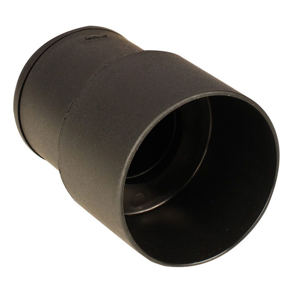 Black cylindrical hose adapter, shown with one open end facing the viewer