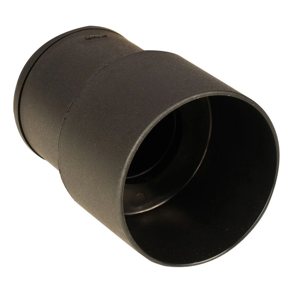 Black cylindrical hose adapter, shown with one open end facing the viewer